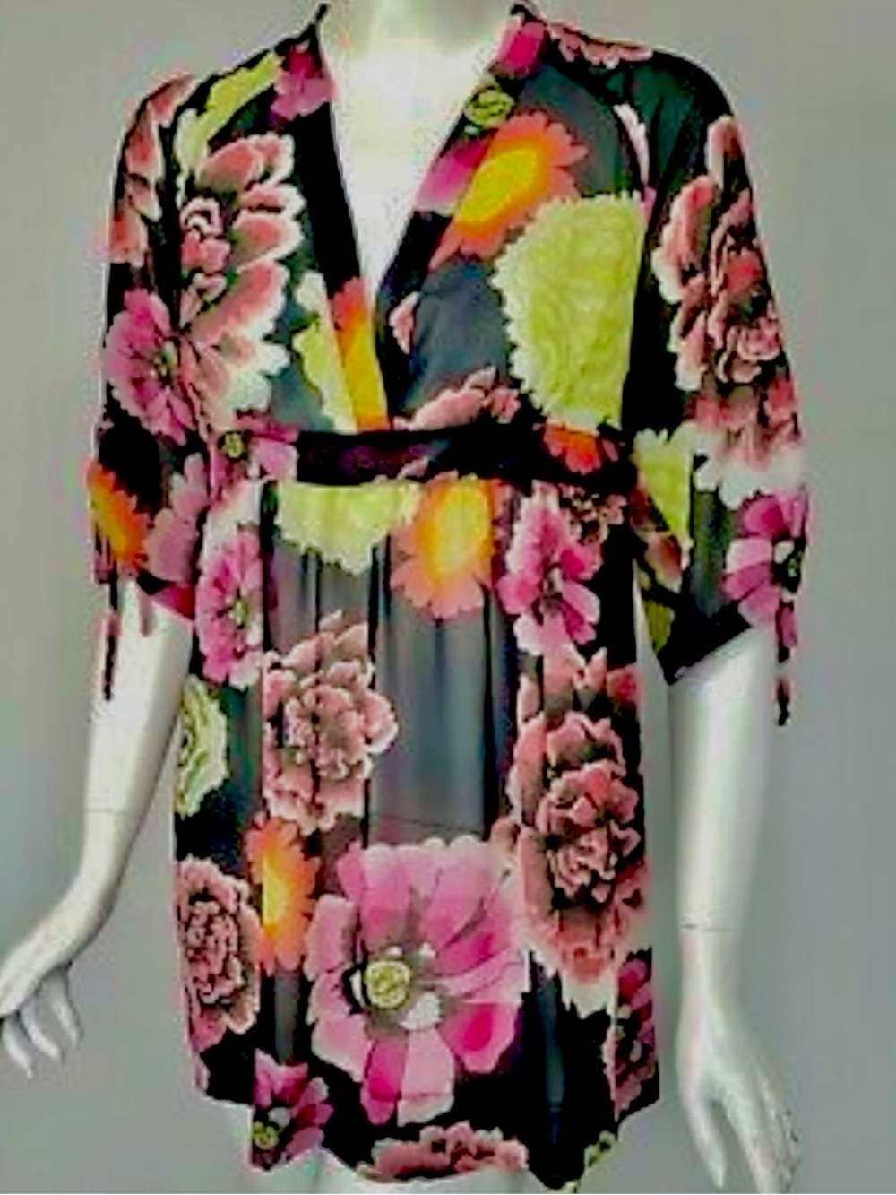 Floral V-Neck Empire Waist Tunic - Black with Pink & Yellow Flowers Cabi Sz Lg